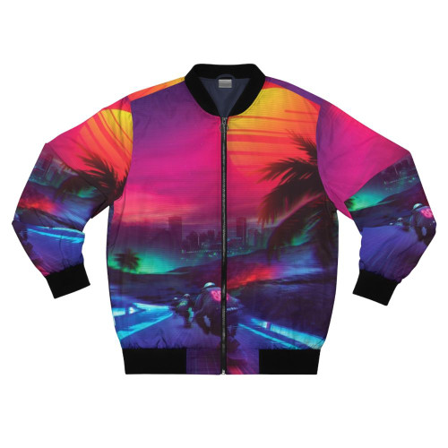 Synthwave bomber jacket with neon glitch and retro design
