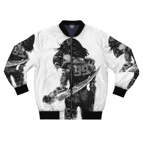 Distressed black and white bomber jacket with watercolor manga angel design