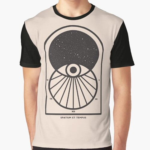 Space and Time Minimalist Graphic T-Shirt featuring a Venn diagram design with the sun, stars, and cosmic elements