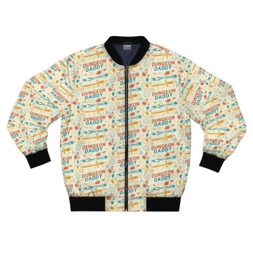 Dungeon Daddy's RPG bomber jacket with fantasy elements like swords, potions, and dice