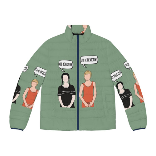 Wednesday Addams inspired puffer jacket with "I'll Be The Victim" text