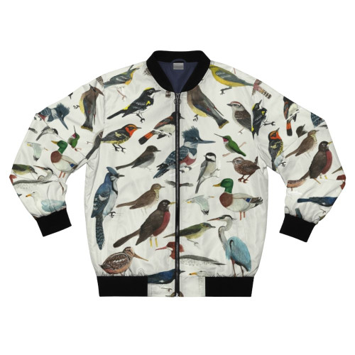 Stylish bomber jacket featuring illustrations of various bird species, including warblers, herons, hummingbirds, and more.