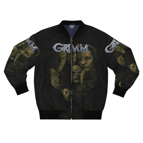 Grimm TV show inspired bomber jacket with Grimm, Nick, Blutbad, Hexen Beast, Bud, and Grimm Reaper designs.