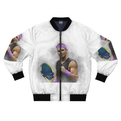 Rafael Nadal wearing a bomber jacket on the tennis court