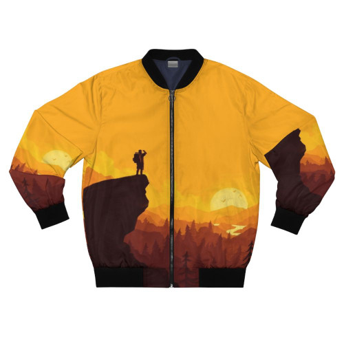 Firewatch art design 4K bomber jacket with minimalist landscape graphics of mountains, forests, and sunset