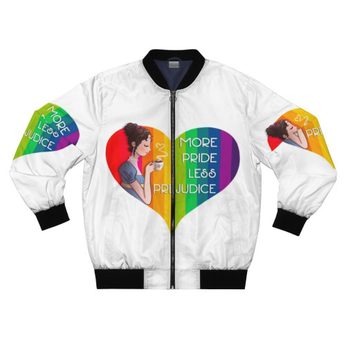 Jane Austen's Pride Bomber Jacket featuring a LGBTQ pride design
