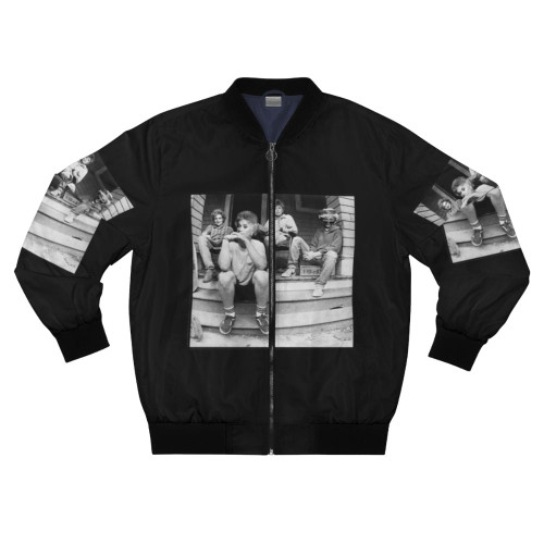 Golden Girls themed bomber jacket with images of the show's main characters Blanche, Rose, Dorothy, and Sophia.