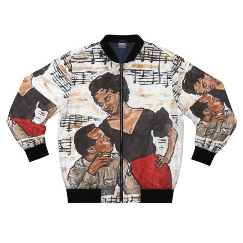 Vintage black bomber jacket featuring the iconic characters from the classic film Carmen Jones, showcasing black love and glamour.