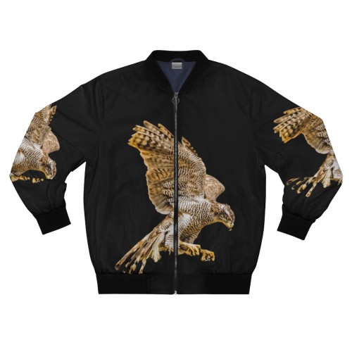 Colorful and stunning Northern Goshawk bomber jacket with details of the bird of prey's unique feather patterns.