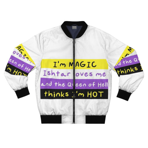 A stylish bomber jacket featuring a tribute design to the Mesopotamian goddess Ishtar and the character Asu-Shu-Namir.