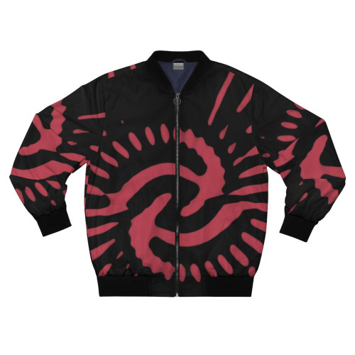 Retro 1970s time vortex bomber jacket in pink color with abstract psychedelic pattern