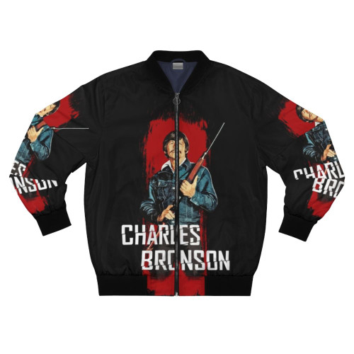 Charles Bronson wearing the iconic bomber jacket from the movie Mr. Majestyk