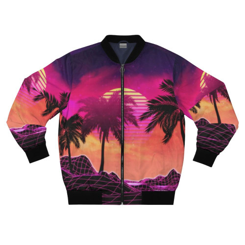 A vibrant and retro futuristic bomber jacket featuring a vaporwave landscape with palm trees, mountains, and a glowing sun grid.