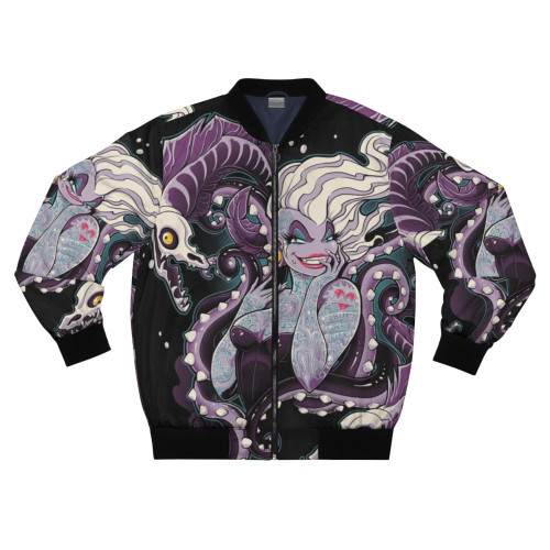 A bold and empowering women's bomber jacket with a villain-inspired design featuring an octopus, skull, and tattoo elements.