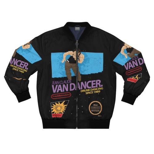 Retro-style bomber jacket featuring a graphic of "Jean Claude Van Dancer" in an 8-bit video game style