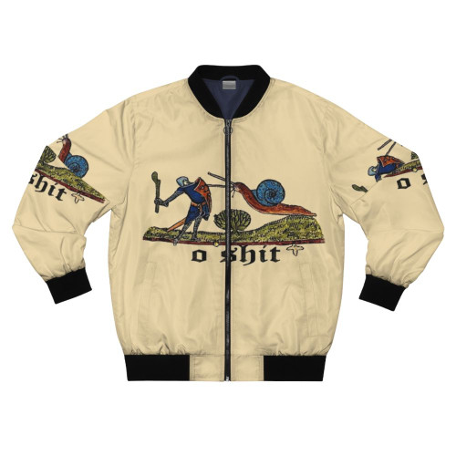 A medieval knight bomber jacket featuring a knight fighting a snail illustration