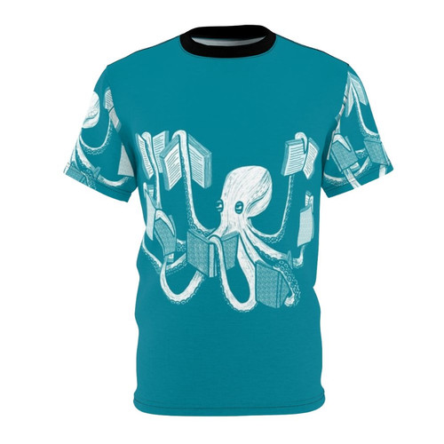 Aquatic animal themed t-shirt design featuring an octopus or squid holding a book, perfect for book lovers and reading enthusiasts.