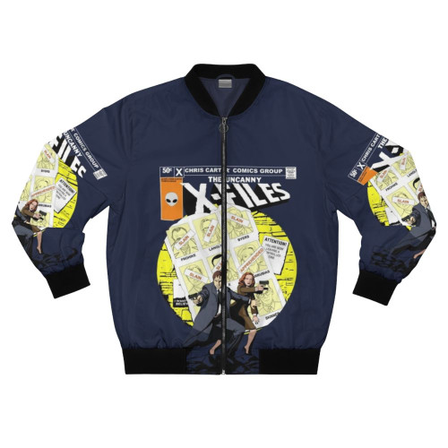 X-Files inspired bomber jacket with parody superhero design, featuring Mulder and Scully characters.