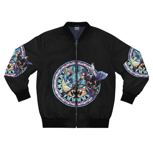 A blue bomber jacket featuring the heart insignia from the Kingdom Hearts video game series, with characters like Aqua, Ventus, and Terra.