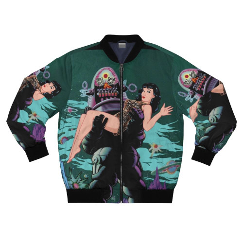 A retro-inspired bomber jacket with Robby the Robot and Bettie Page inspired design