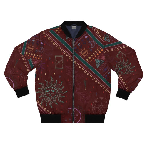 Critical Role inspired bomber jacket with an ornate arcane pattern, perfect for cosplay and Dungeons & Dragons fans.