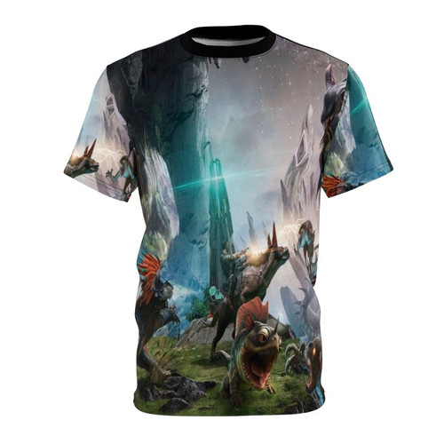 Ark Survival Evolve inspired graphic t-shirt featuring an epic dinosaur battle scene with explosions