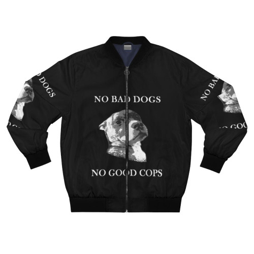 Bomber jacket with "No Good Cops" design and pit bull graphic