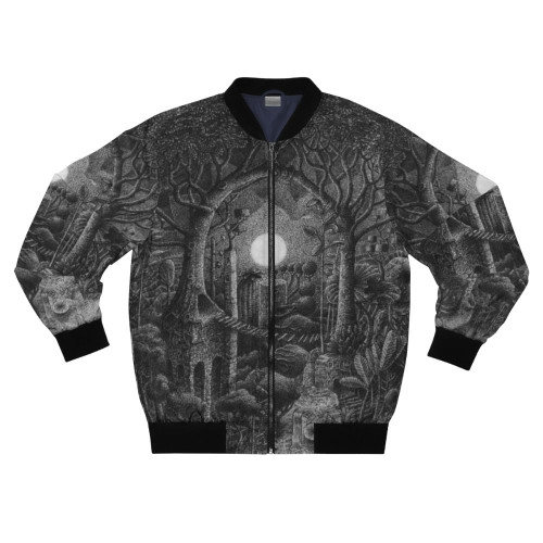 Full Tree Moon Bomber Jacket featuring a nature-inspired design with detailed ink drawings of trees and forests