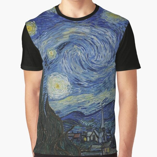 Starry Night graphic t-shirt featuring the iconic painting by Vincent van Gogh