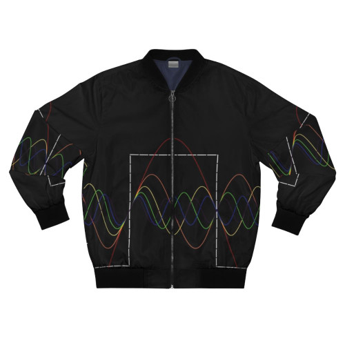 A bomber jacket featuring a Fourier transform square wave design in a dark, rainbow color scheme.