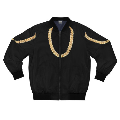 A gold chain-embellished bomber jacket, a fashionable and trendy outerwear piece.