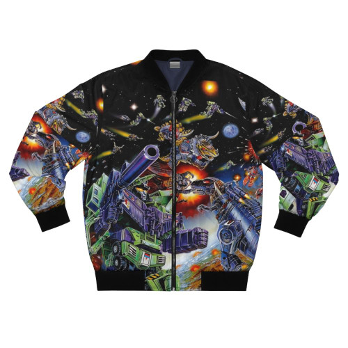 Vintage-style Transformers G1 bomber jacket with Autobots and Decepticons characters