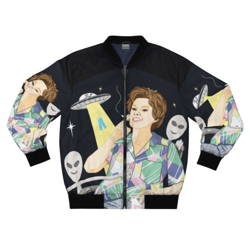A bomber jacket featuring the character Ms Rafferty from the alien abduction sketch on Saturday Night Live, played by Kate McKinnon.