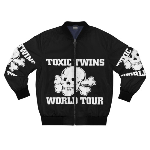 Toxic Twins band logo on a black bomber jacket