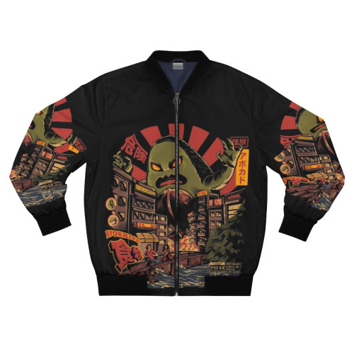 Avocado bomber jacket with a vintage Japanese kaiju monster design