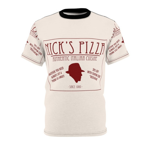 Mockup of a custom-designed AOP t-shirt featuring a Nick's Pizza logo inspired by the TV show The Blacklist