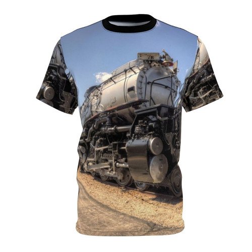 Vintage-inspired t-shirt design featuring a detailed illustration of a classic steam locomotive