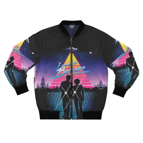 Retrofuturistic bomber jacket with "I Want to Believe" graphic, inspired by the X-Files TV series