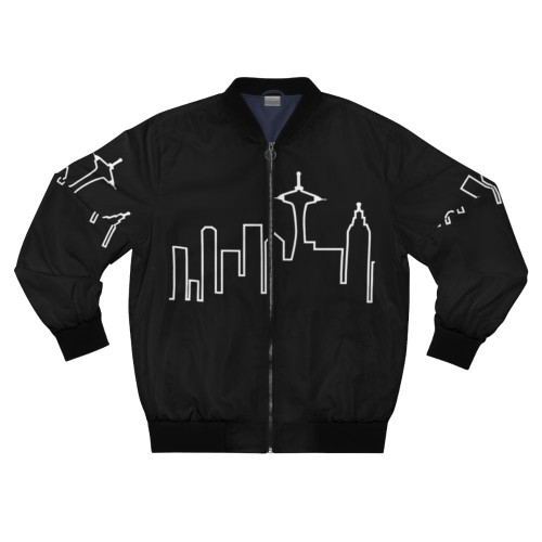 A bomber jacket featuring the Seattle skyline from the TV show Frasier, with the Cafe Nervosa sign.