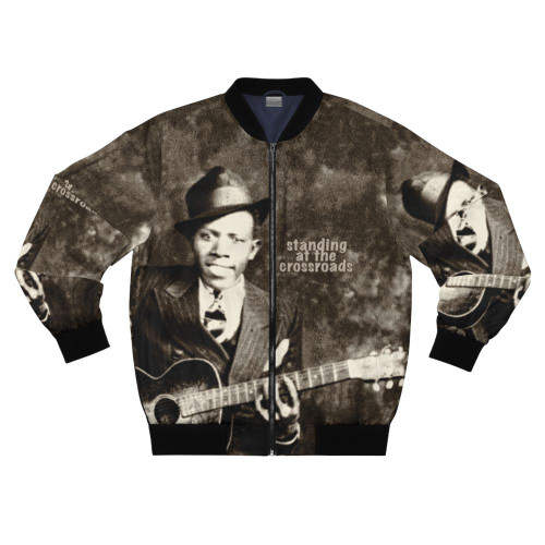 Vintage bomber jacket with blues music-inspired design, featuring images of legendary blues artists like Robert Johnson, Stevie Ray Vaughn, and Jimi Hendrix.
