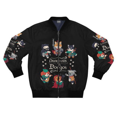 Dungeons and Doggos fantasy-themed bomber jacket with d20 dice and dog graphics