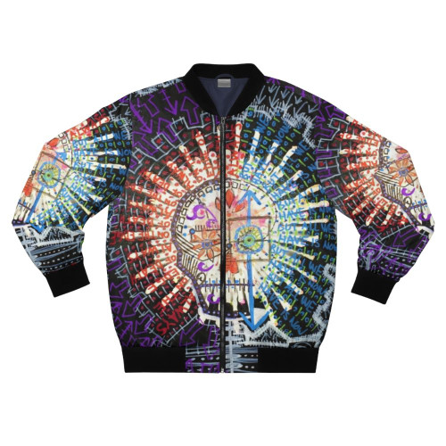 "Always on the Edge of Death" abstract art bomber jacket with skull, heart, and word art design