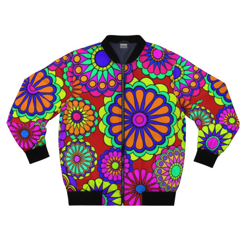 Retro flower power bomber jacket with a colorful hippie floral design