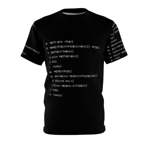 Philosophical ontological proof t-shirt featuring Gödel's ontological argument design