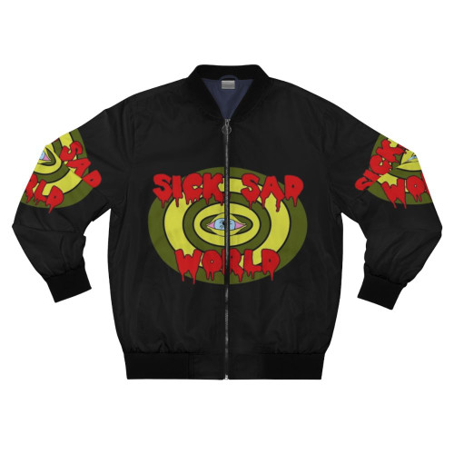 90s grunge bomber jacket with "Sick Sad World" graphic design
