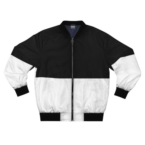 A bicolor geometric pattern bomber jacket in white and black colors.