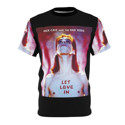 A graphic t-shirt design featuring the iconic imagery and album artwork of renowned musician Nick Cave.