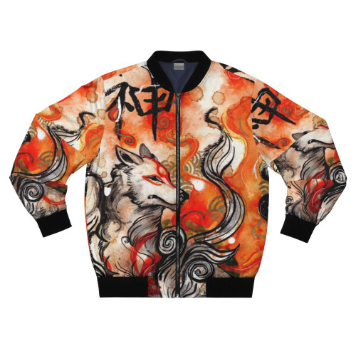 Okami Amaterasu inspired bomber jacket featuring a wolf/ink illustration