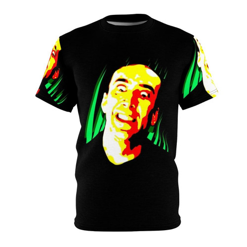 Stylized graphic of a smiling, creepy Nicholas Cage on an all-over print t-shirt