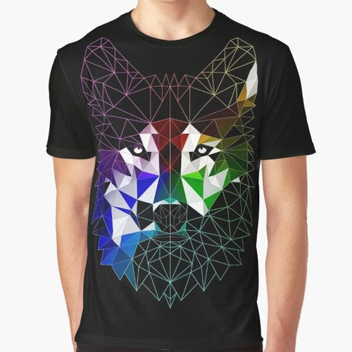 Geometric wolf graphic design on a t-shirt, featuring abstract triangles and lines in various colors.